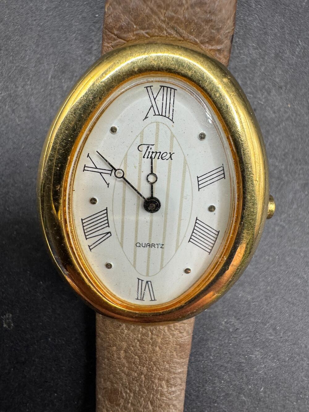 Vintage Timex Cavatina Watch Women's Oval Gold Tone Leather Thin Band 26mm